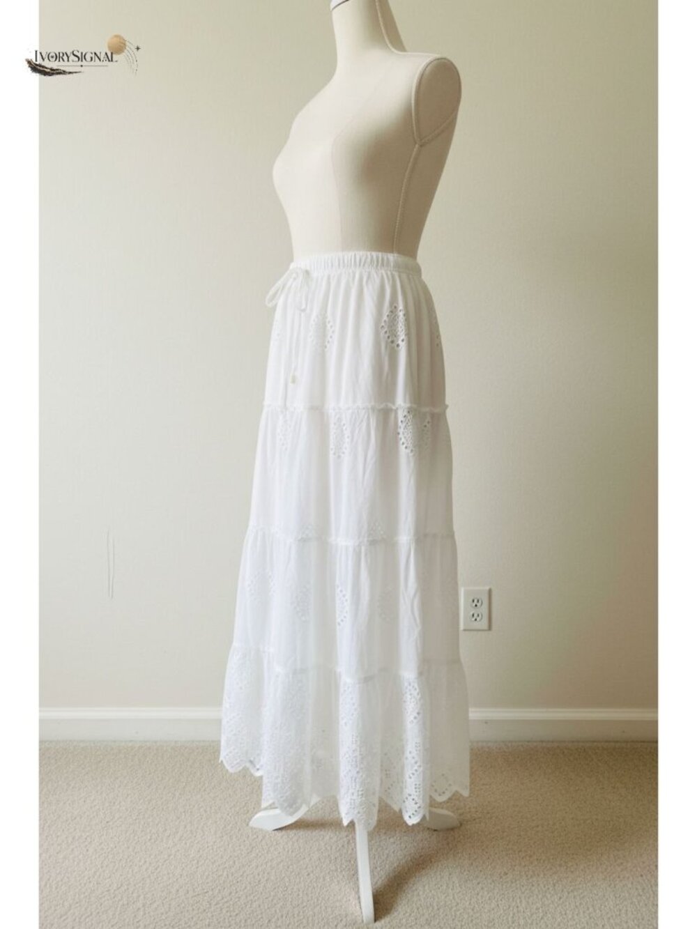 100% Cotton Embroidered Tiered Maxi Skirt Elastic Waist A-Line Beach
